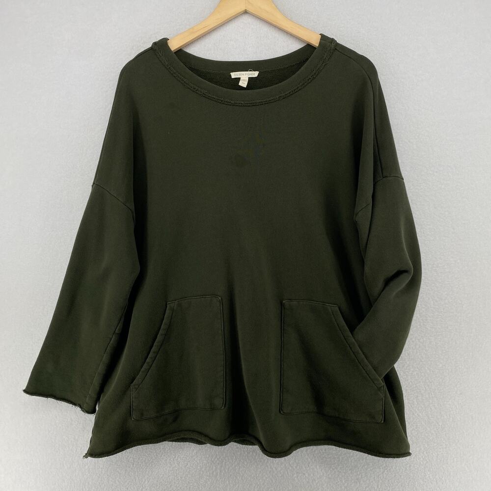 EILEEN FISHER Sweatshirt M Organic Cotton French Terry Pullover Top Pocket Green